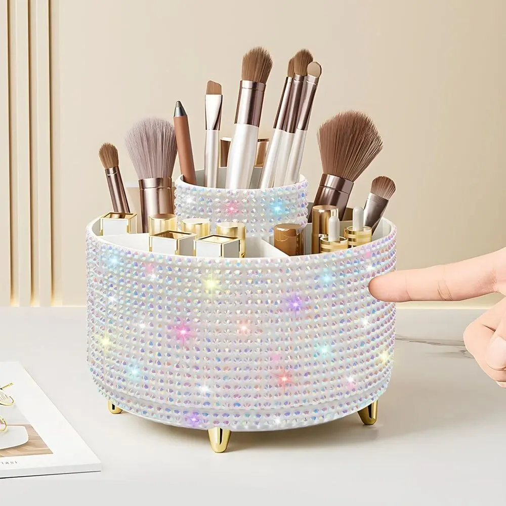 Diesisa 5Slot Makeup Brush Diamond White Cup 360° Rotating Makeup Brush Holder